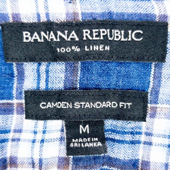 Banana Republic Linen Shirt Men's Medium Shirt Long Sleeve Plaid Blue White - Picture 5 of 10